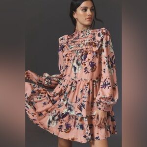 ANTHROPOLOGIE Long-Sleeve Printed Smocked
Mini Dress